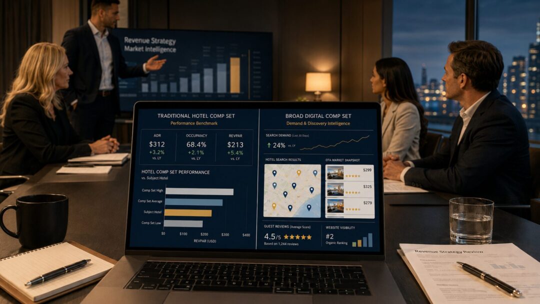 Hotel-str-comp-set-vs-digital-comp-set Side by side comparison of a hotel str comp set and digital comp set showing revenue metrics search visibility reviews and ota listings keybuzz digital marketing services