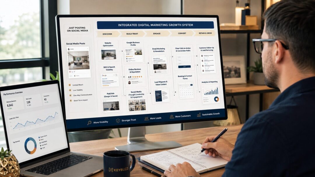 Integrated-digital-marketing-talent-growth-system Small business owner reviewing an integrated digital marketing system connecting website optimization seo reviews social media email ads analytics and customer follow up keybuzz digital marketing services
