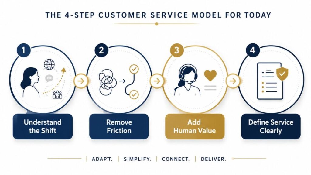 Modern customer service framework showing four steps understand customer expectations remove friction add human value and define service clearly   keybuzz digital marketing services