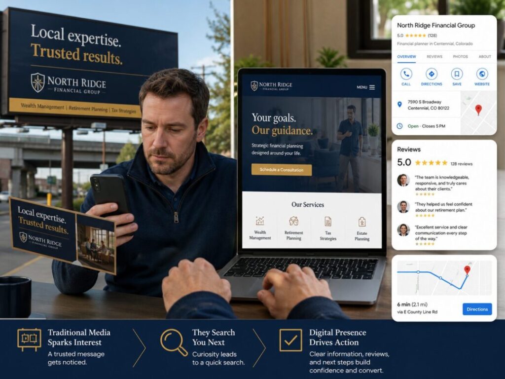Man sits outdoors using a laptop and phone to view north ridge financial groups website and services   keybuzz digital marketing services