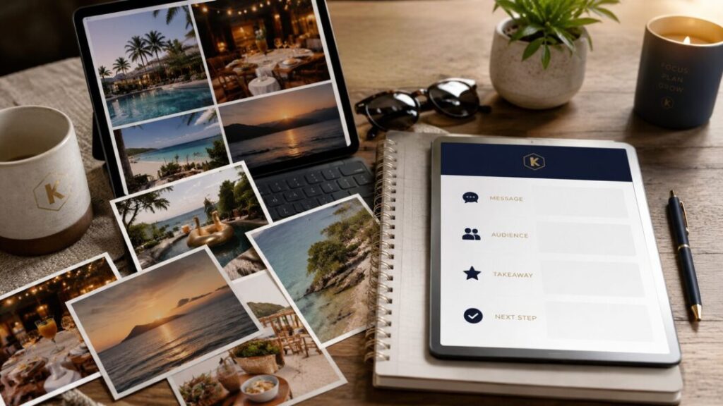 Personal-posting-vs-business-social-media-strategy Vacation style personal posts compared with a business social media planning notebook focused on message audience takeaway and next step keybuzz digital marketing services