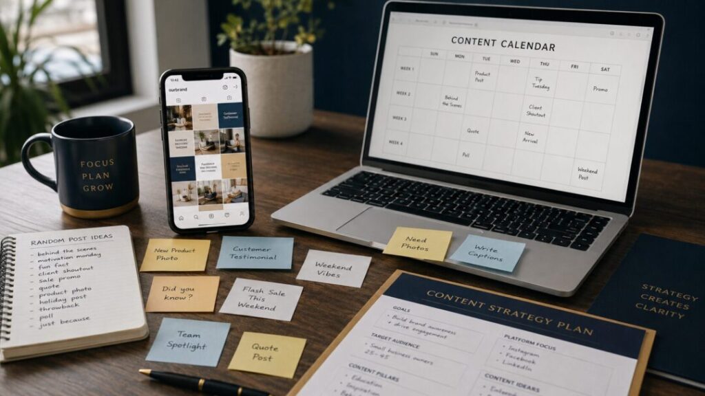 Random-social-media-posts-not-a-marketing-plan Scattered social media post ideas and an unfinished content calendar showing why random posts are not a marketing plan keybuzz digital marketing services