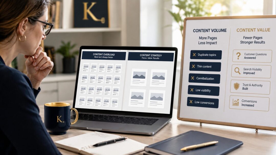Rapid-content-creation-seo-strategy Small business owner reviewing rapid content creation risks and planning a stronger seo content strategy focused on quality trust and customer action keybuzz digital marketing services