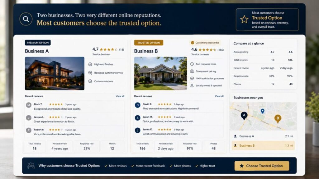 Review-momentum-vs-perceived-quality Comparison dashboard showing two business profiles business a and business b with ratings features reviews and a nearby business map in a bold header area keybuzz digital marketing services