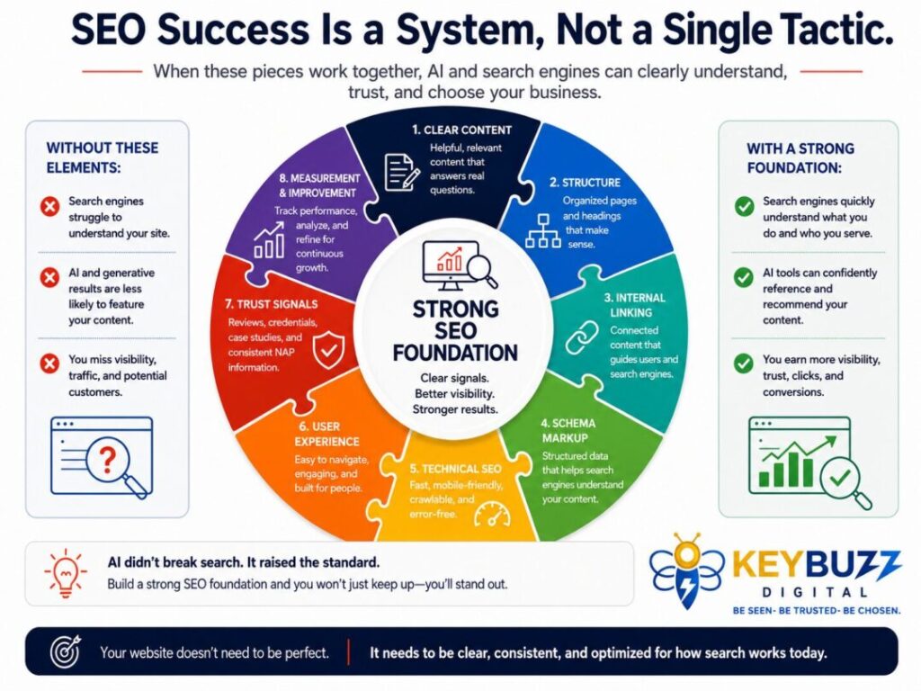 Seo-success-system-strong-seo-foundation Seo success system infographic showing clear content structure internal linking schema markup technical seo user experience trust signals and measurement keybuzz digital marketing services
