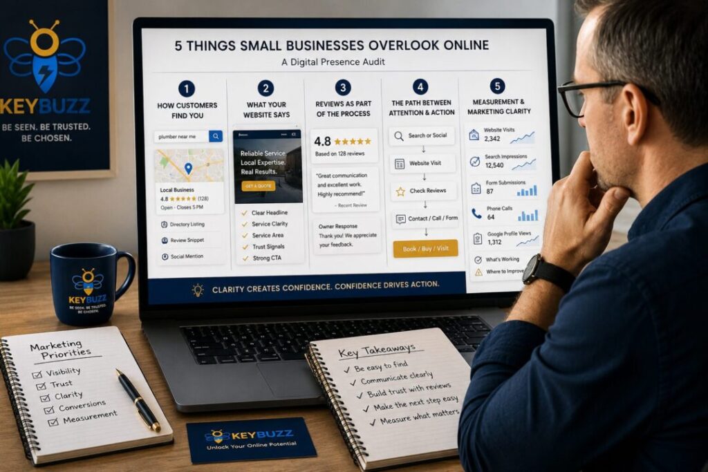 Small-business-digital-presence-audit-overlooked-gaps Small business owner reviewing a digital presence audit showing overlooked gaps in search website clarity reviews customer paths and marketing measurement keybuzz digital marketing services