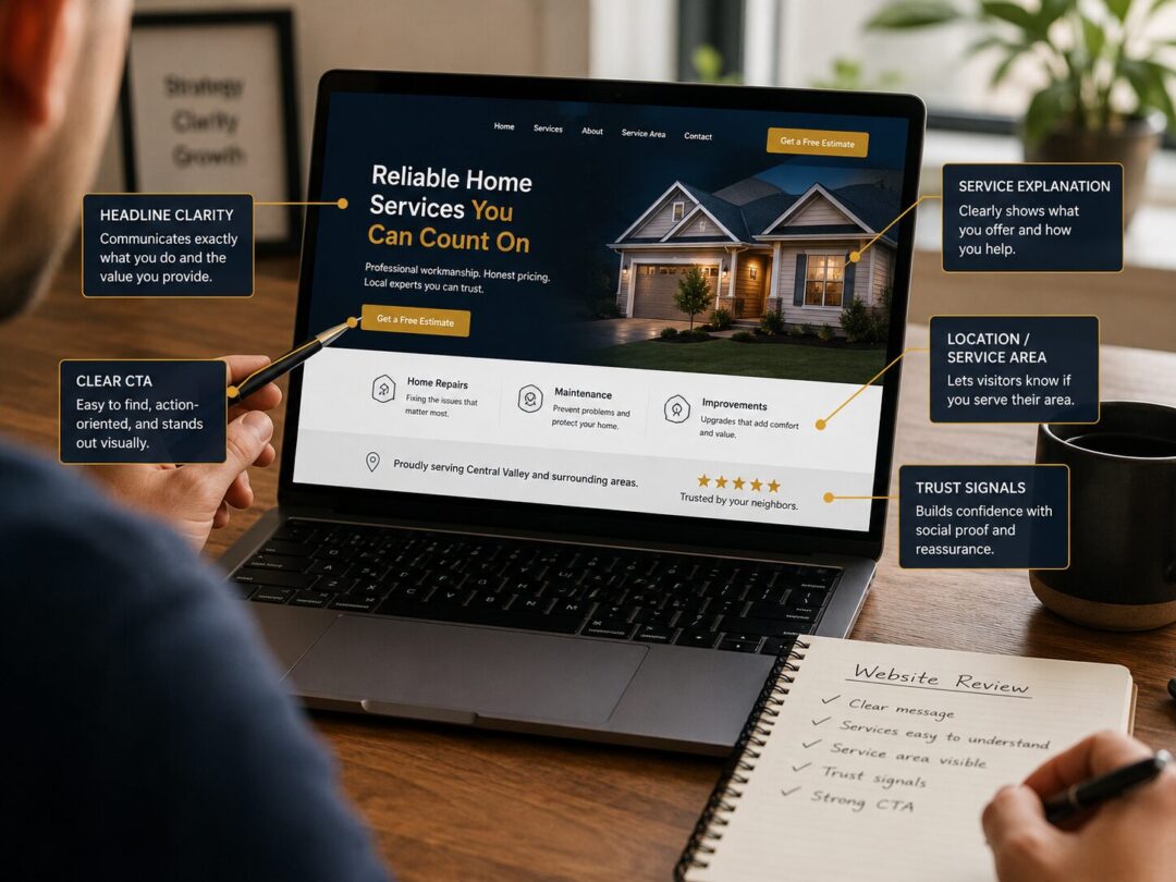 Small-business-website-clarity-review Small business website being reviewed for clear messaging service details trust signals location information and calls to action keybuzz digital marketing services
