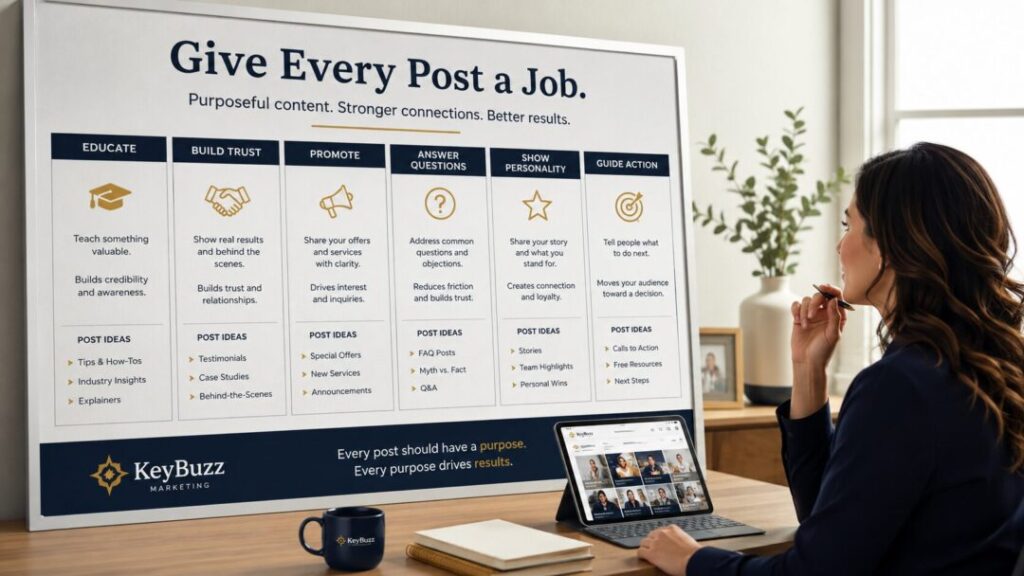 Social-media-posts-with-purpose-customer-journey Small business owner reviewing a social media strategy board where each post has a purpose in the customer journey keybuzz digital marketing services