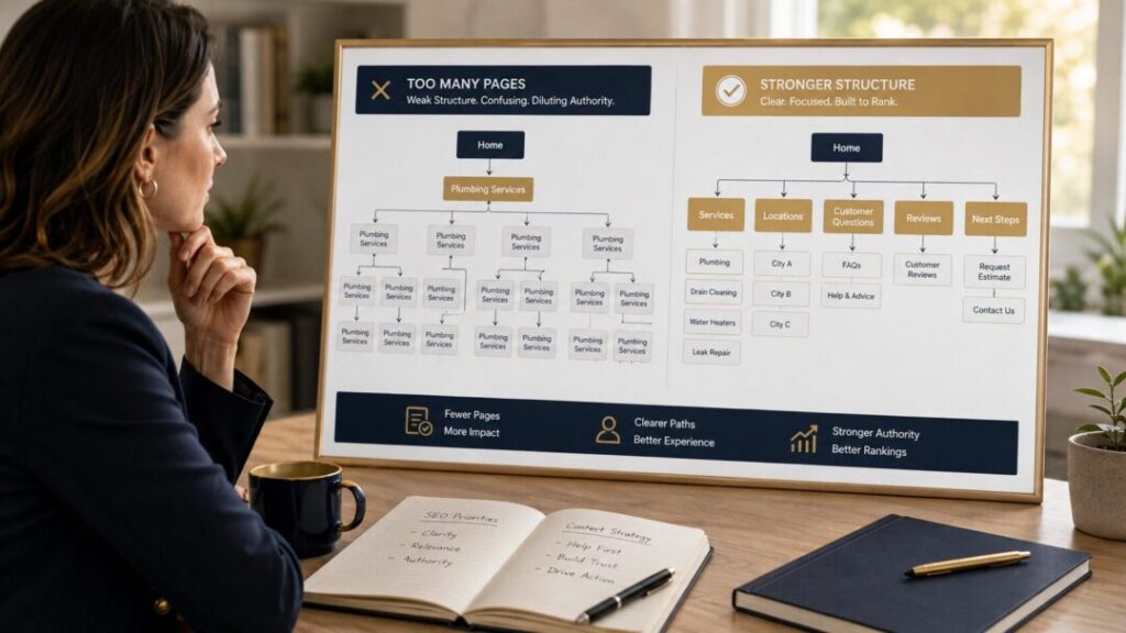 Too-many-pages-seo-content-strategy Website content map showing the difference between too many repetitive seo pages and a clearer content structure built around services and customer needs keybuzz digital marketing services