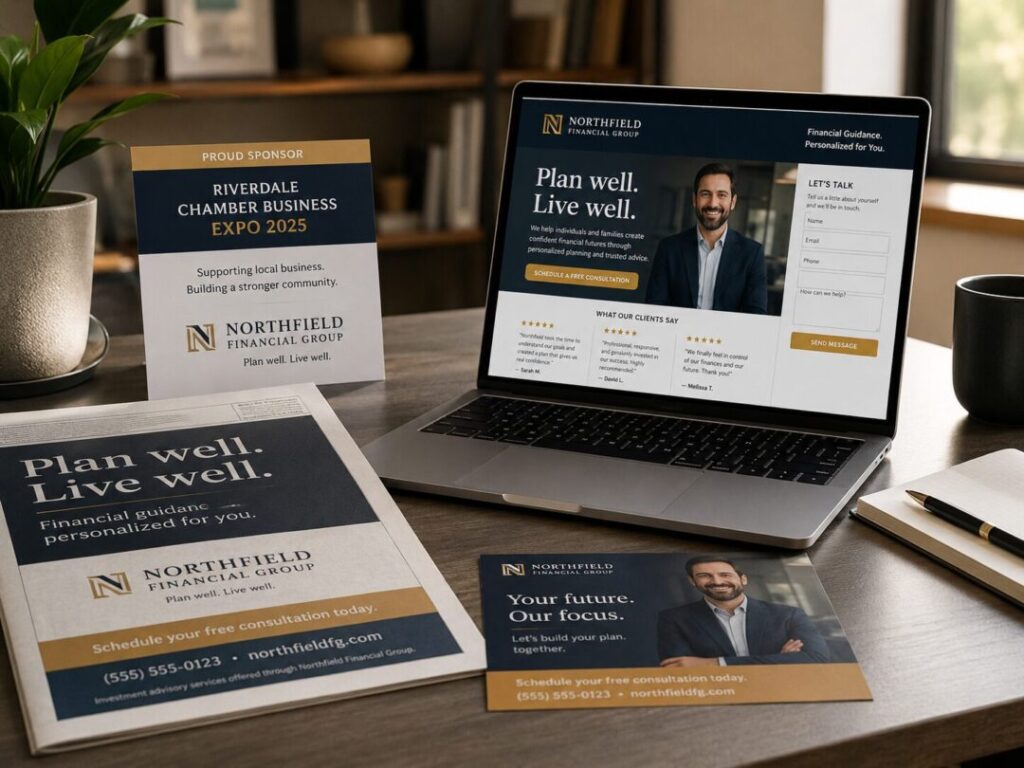 Traditional media campaign materials paired with a digital landing page reviews contact form and clear call to action   keybuzz digital marketing services