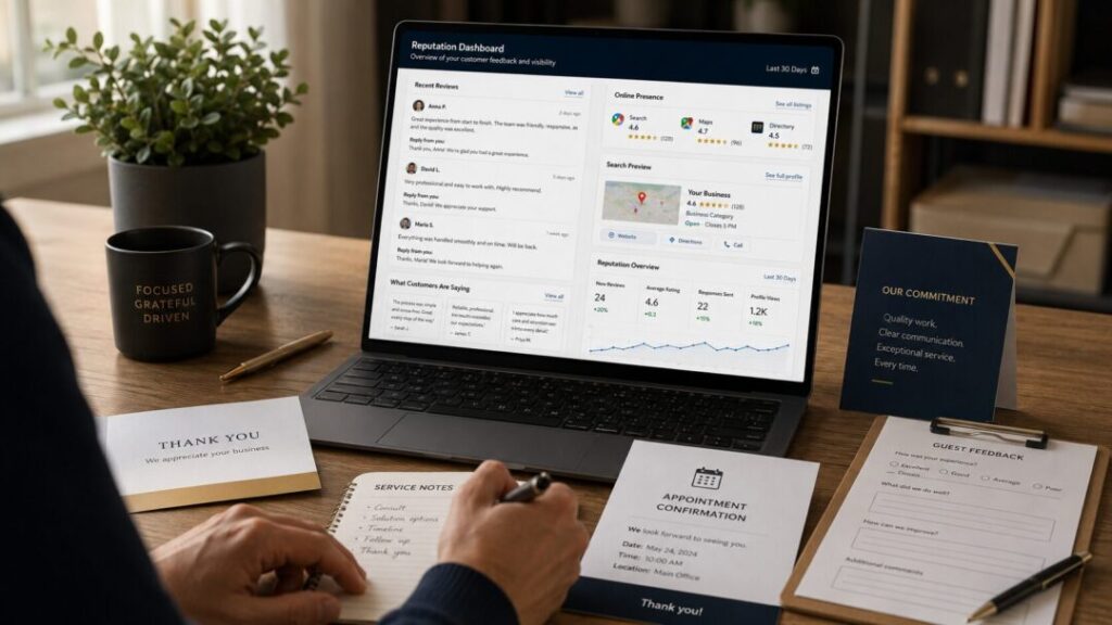 Turn-good-experiences-into-visible-trust Employee reviews on a laptop screen at a tidy desk with a plant mug and feedback forms nearby dashboard shows reviews and metrics keybuzz digital marketing services