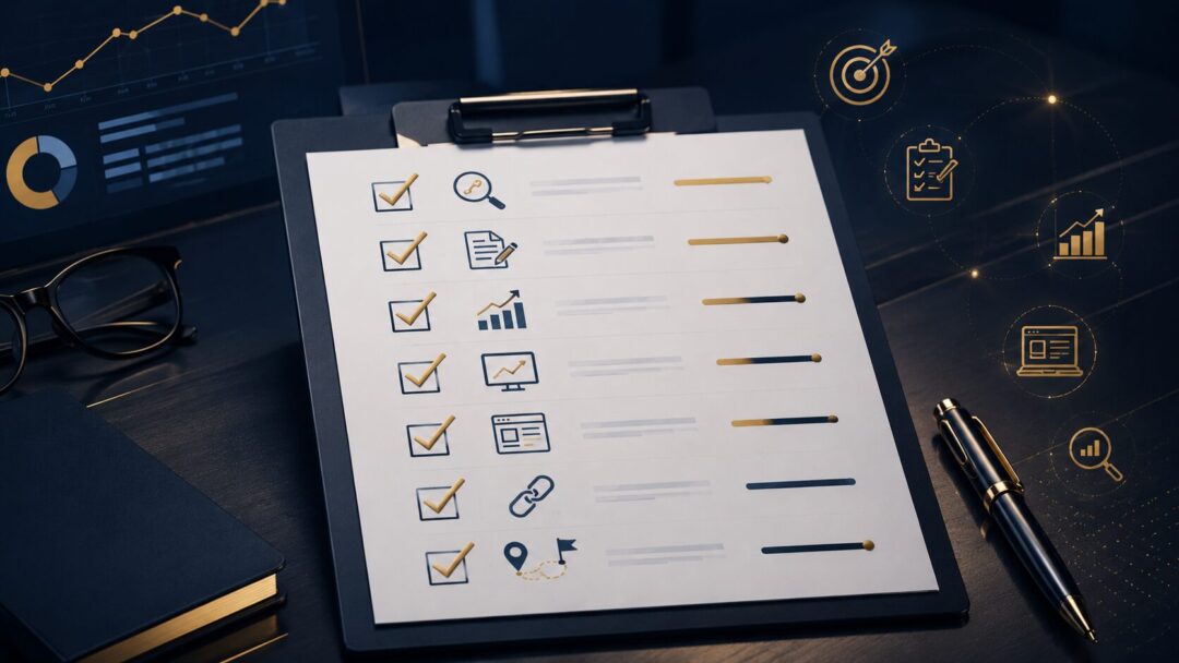 Clipboard holds a checklist with yellow check marks and progress bars on a dark desk with a pen and glasses nearby and digital charts in the background   keybuzz digital marketing services
