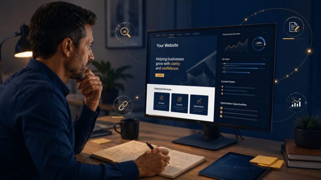 Marketing strategist reviewing website performance content opportunities seo visibility and optimization notes as part of a digital marketing strategy review   keybuzz digital marketing services