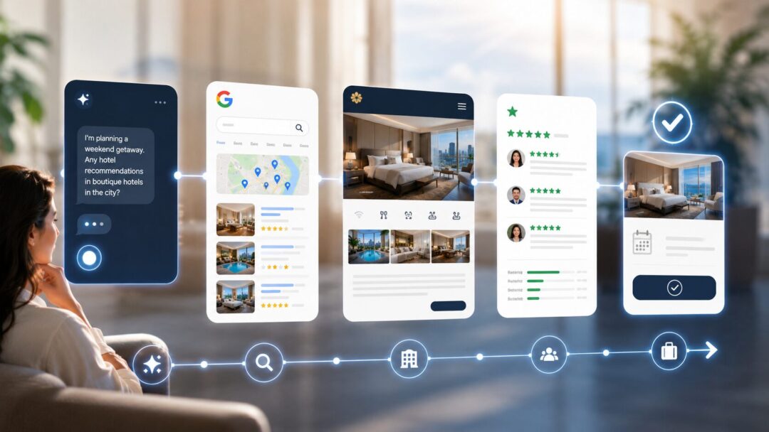 Digital journey showing ai discovery followed by google search hotel website reviews and booking decision   keybuzz digital marketing services