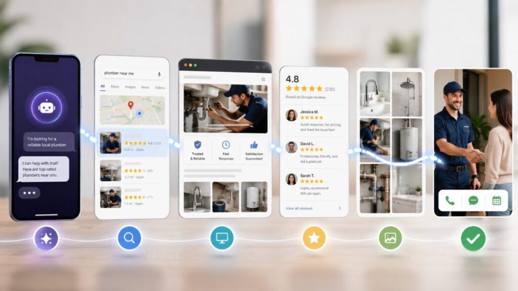 Digital customer journey showing ai discovery followed by google search business website reviews and customer decision   keybuzz digital marketing services