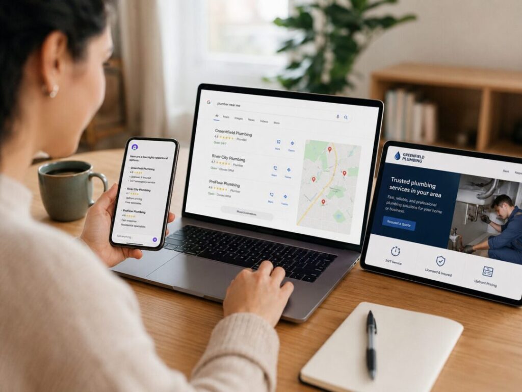 Ai-small-business-recommendation-google-website-comparison Digital customer journey showing ai discovery followed by google search business website reviews and customer decision keybuzz digital marketing services
