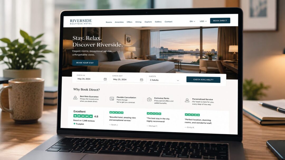 Hotel website with updated imagery trust signals and clear booking information supporting direct booking confidence   keybuzz digital marketing services