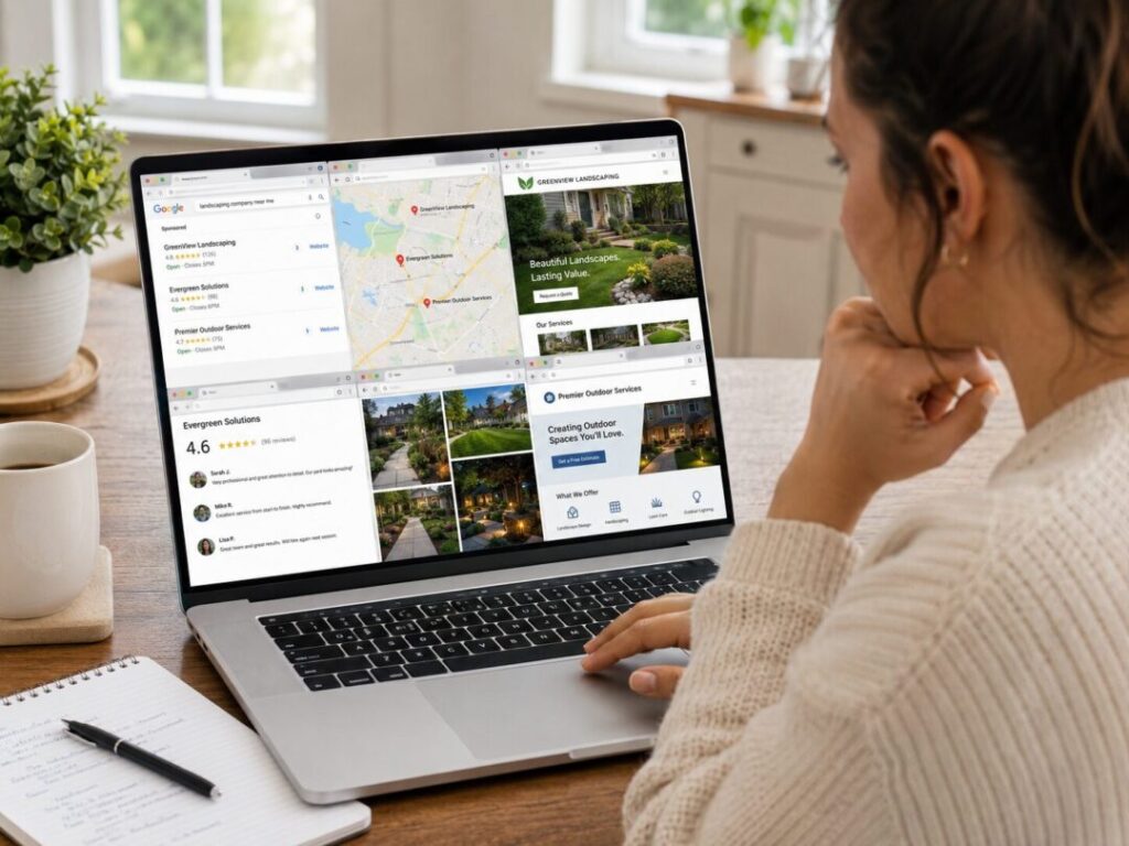 Customer comparing local business websites google reviews maps and search results before choosing a service provider   keybuzz digital marketing services