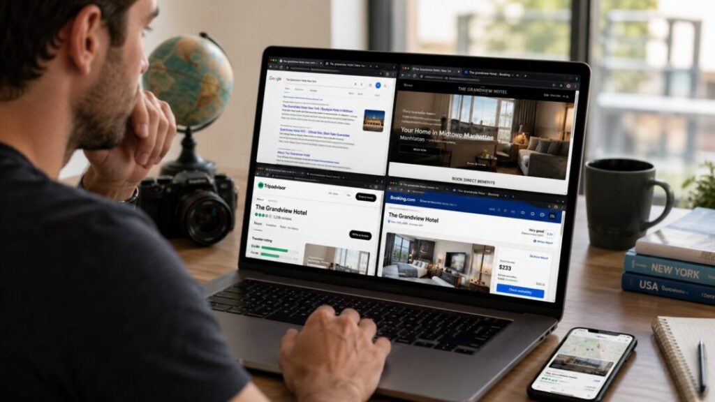 Traveler-comparing-hotel-website-google-reviews-otas Traveler comparing an ai hotel recommendation with google search results and a hotel website before booking keybuzz digital marketing services