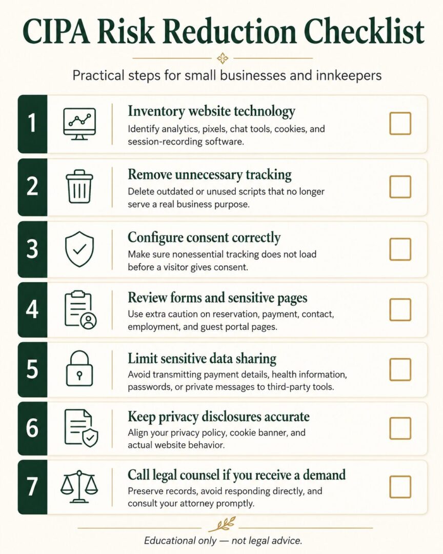 Cipa risk reduction checklist for small businesses and innkeepers reviewing website tracking consent privacy disclosures and legal response steps   keybuzz digital marketing services