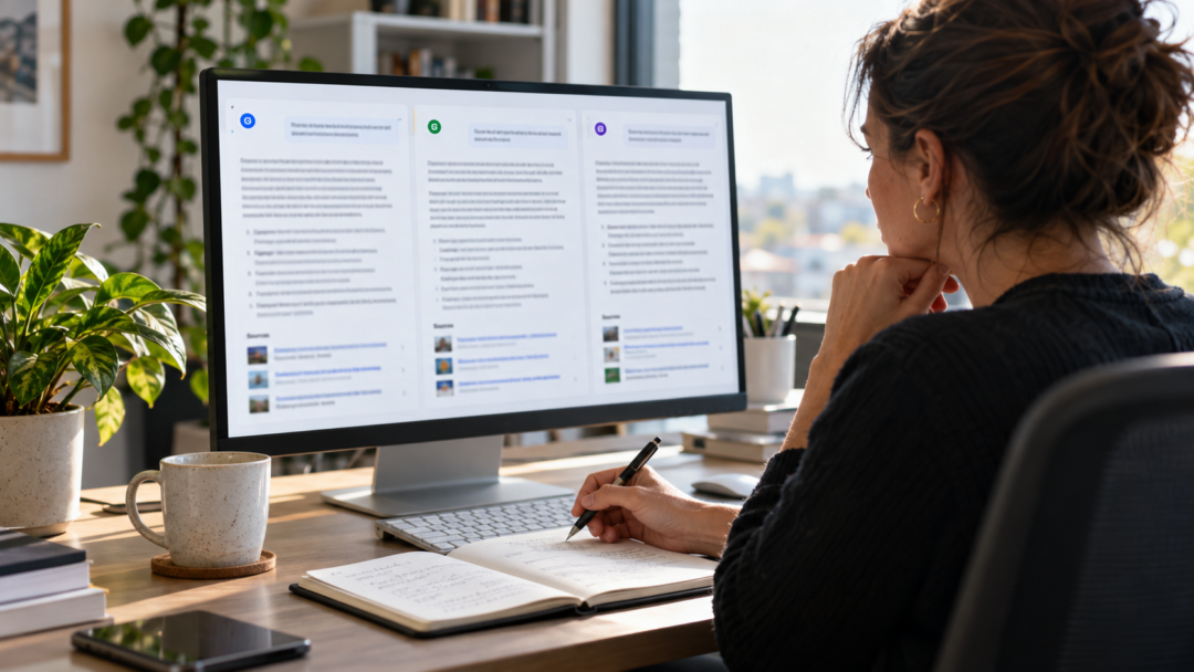 Marketing consultant comparing ai search answers and cited sources to evaluate business visibility