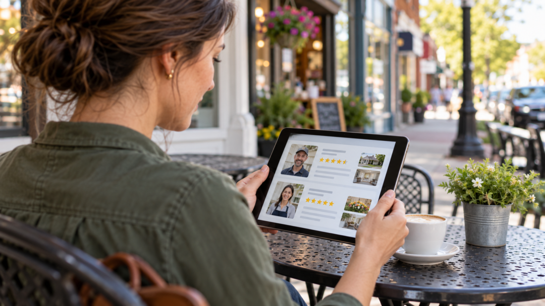 Customer comparing online reviews and star ratings for local businesses on a tablet
