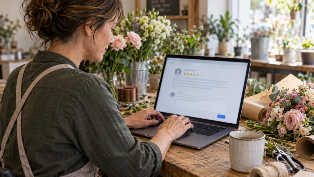 Florist writing a customer review response on a laptop to provide helpful service information