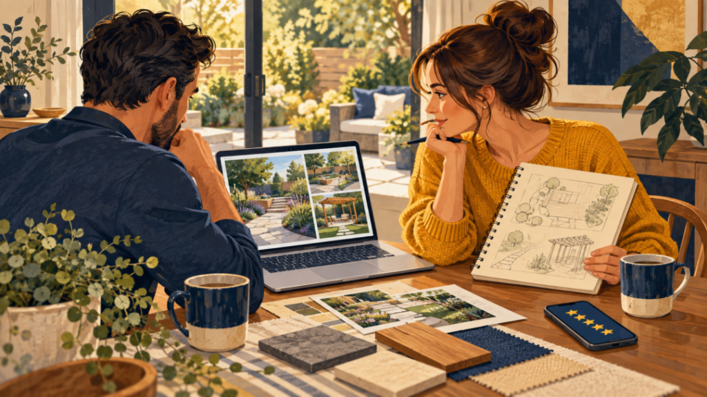Homeowners-researching-landscaping-services Couple reviews garden project photos on a laptop and discusses landscaping plans at their dining table