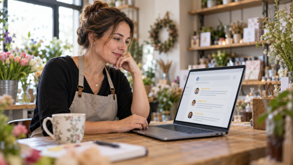 Online-reviews-ai-search-small-business-hero Small business owner reading online customer reviews on a laptop to assess her businesss reputation