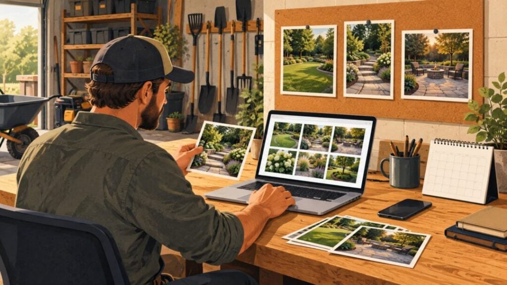 Small-business-owner-planning-consistent-marketing Landscaping business owner selects garden project photos at a desk with a phone calendar and photo pinboard